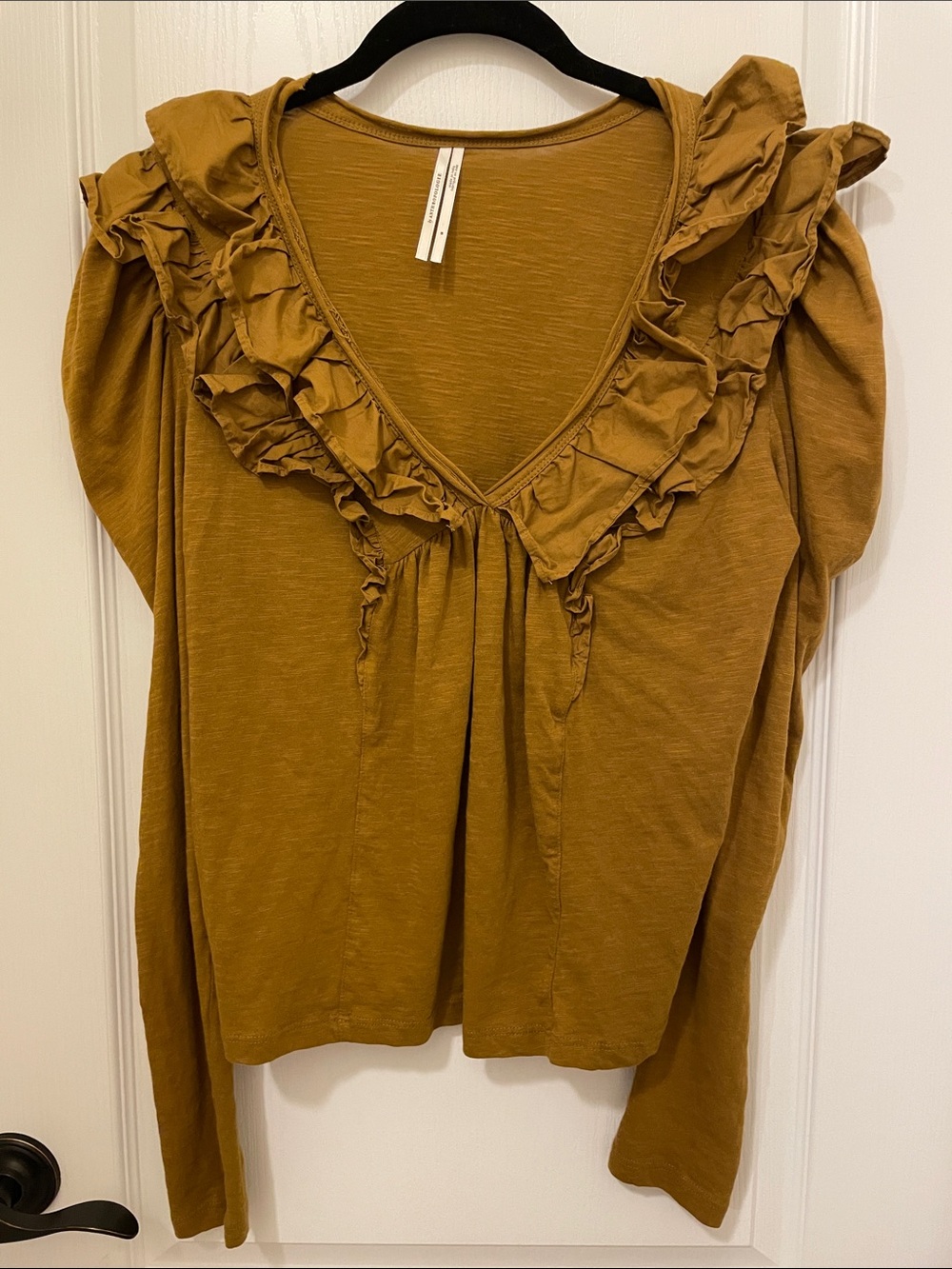 Anthropologie Ruffled V-Neck Long Sleeve Pullover - Mustard